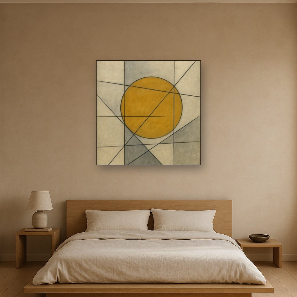 Abstract Tangent Lines & Earthy Ochre Disc No. 25 Oil Painting - View 3