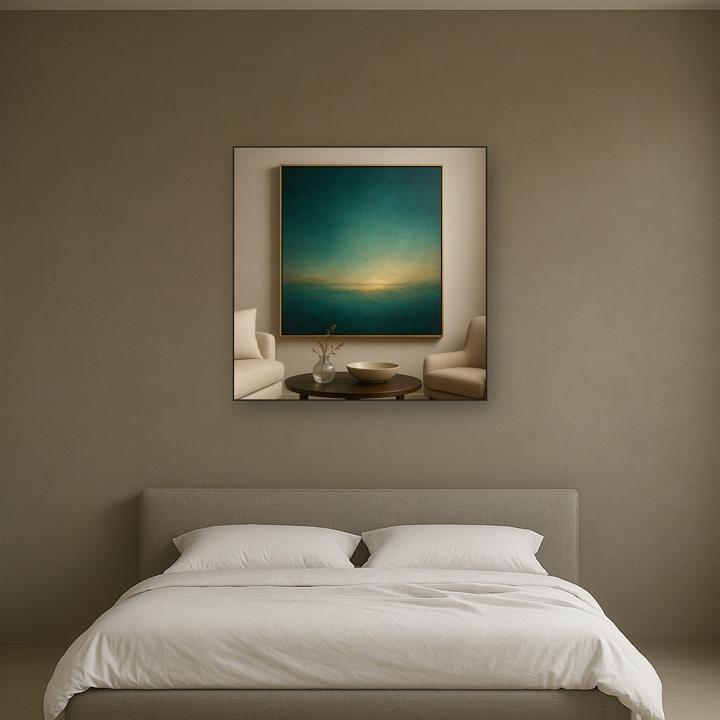 Peacock Teal & Champagne Gold Horizon No. 15 Oil Painting - View 3
