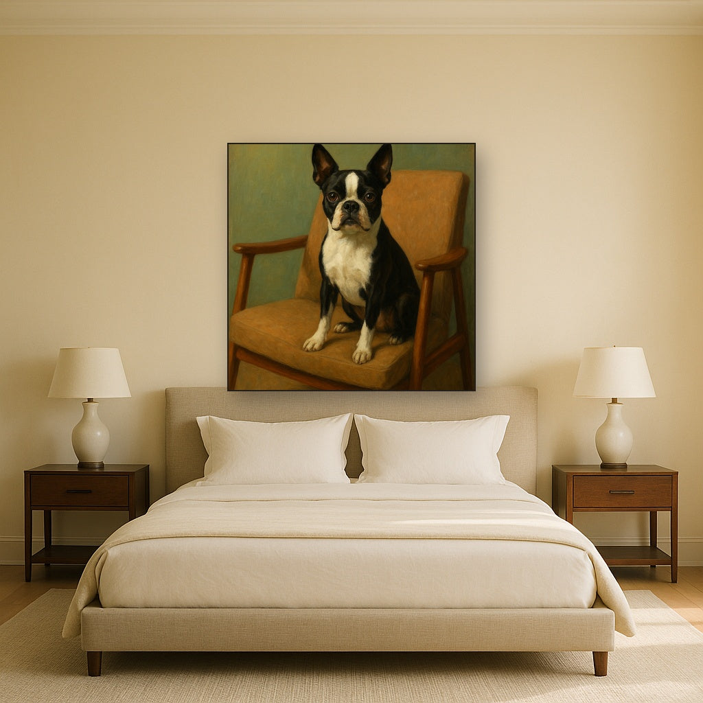 Boston Terrier in Warm Mid-Century Armchair Fine Art Oil Painting - View 3