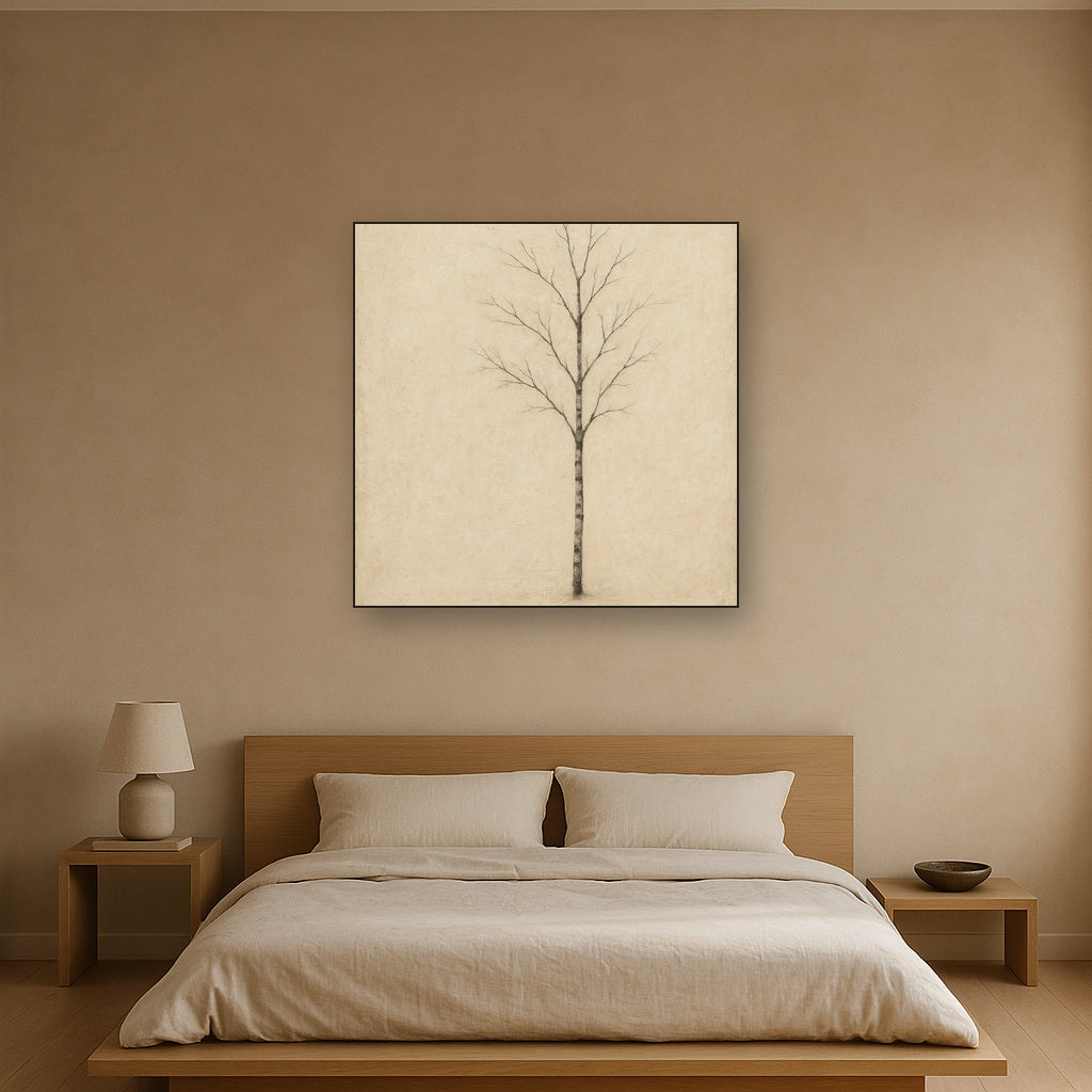 Nordic Birch Silhouette Minimalist Oil Painting - Styled in Master Bedroom