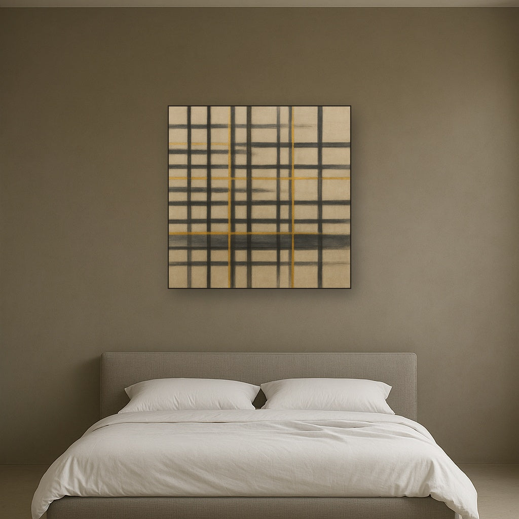Abstract Woven Line Matrix in Charcoal & Gold No. 3 Fine Art Oil Painting - View 3