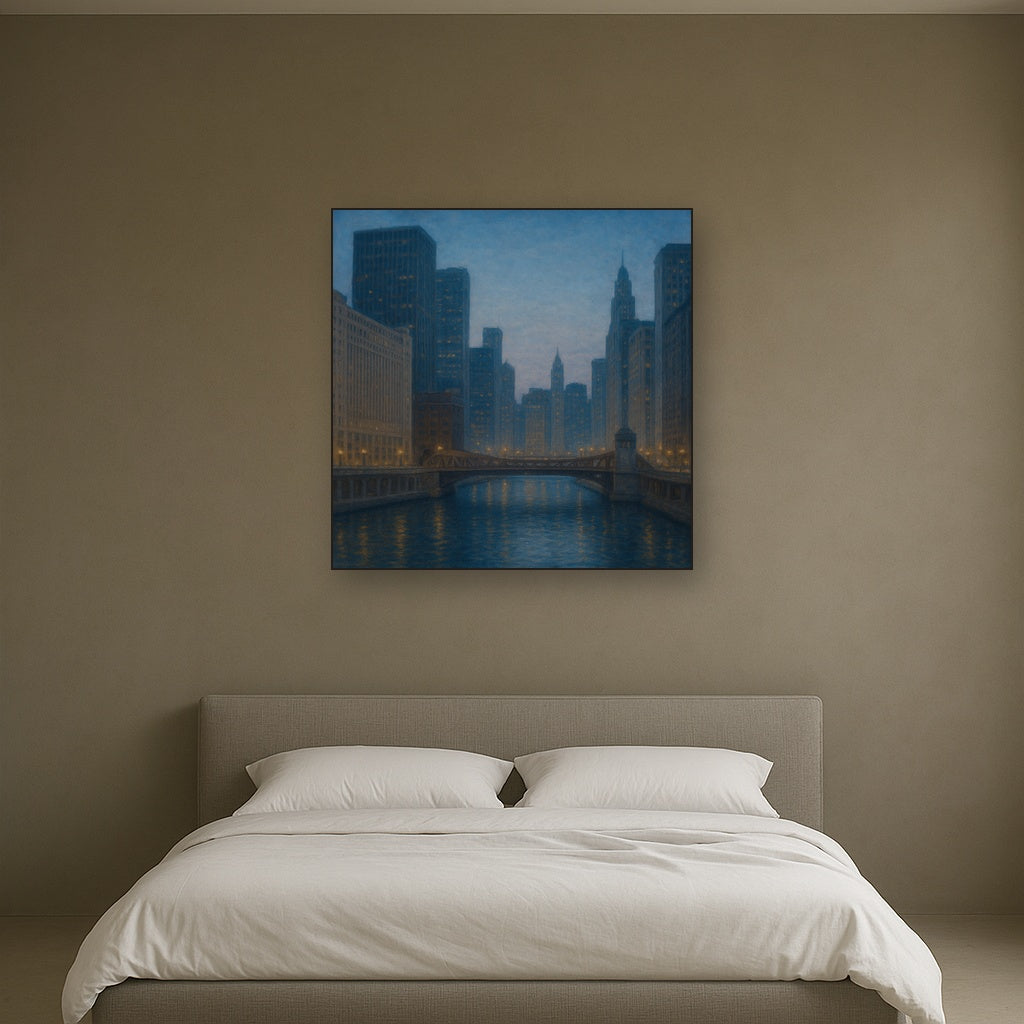 Chicago Riverfront Architecture at Blue Hour No. 23 Oil Painting - View 3