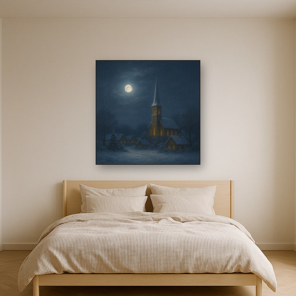 Moonlight Over Snowy Village Steeple No. 3 Oil Painting - View 3