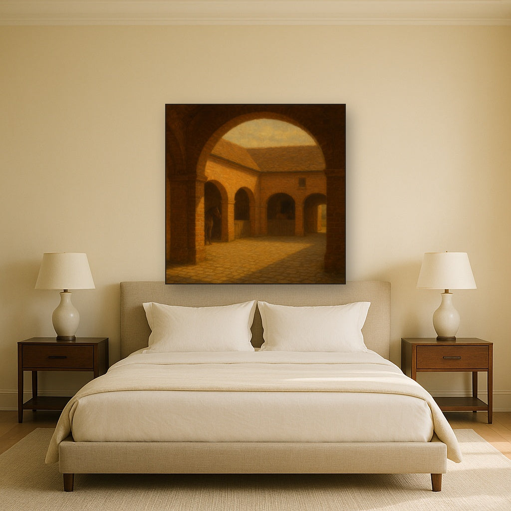 Equestrian Stable Courtyard in Late Afternoon No. 13 Oil Painting Staged Above Master Bed in Bedroom, Calming Neutral Hand Painted Oil Art