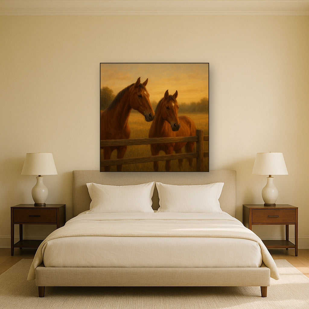 Two Horses at Rustic Post & Rail Fence No. 15 Oil Painting Staged Above Master Bed in Bedroom, Calming Neutral Hand Painted Oil Art