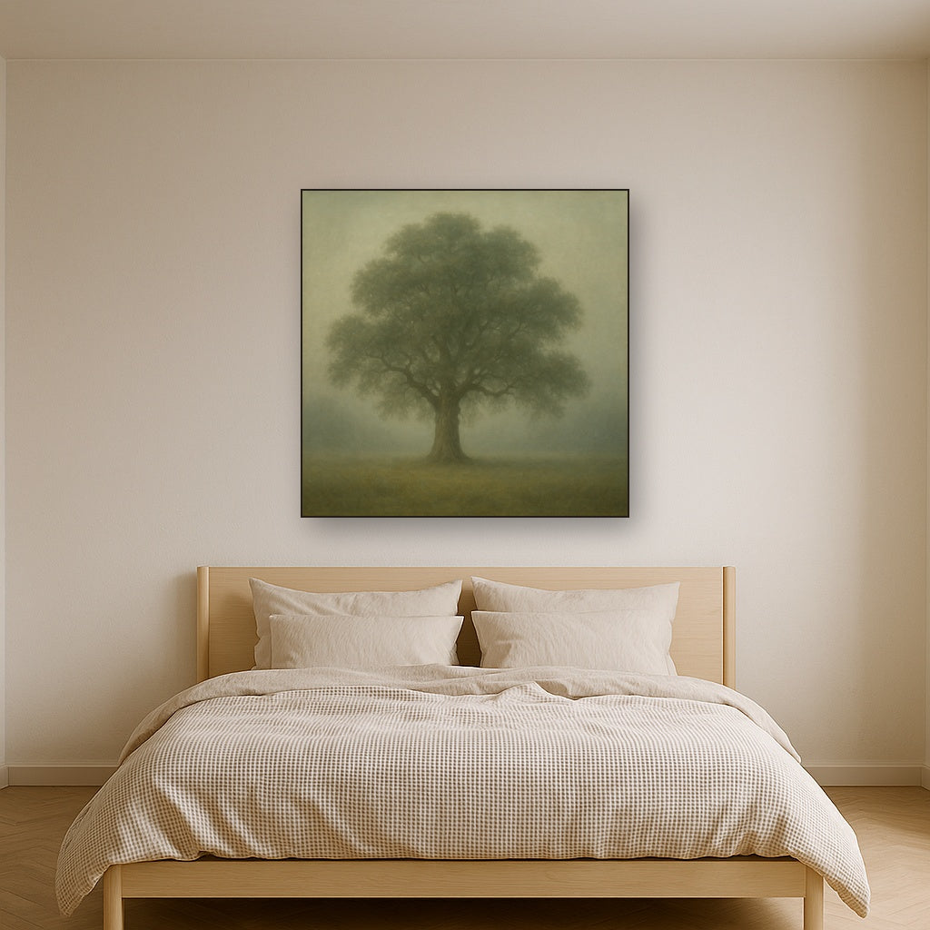 Ancient Solitary Oak in Morning Fog No. 2 Oil Painting Staged Above Master Bed in Bedroom, Calming Neutral Hand Painted Oil Art