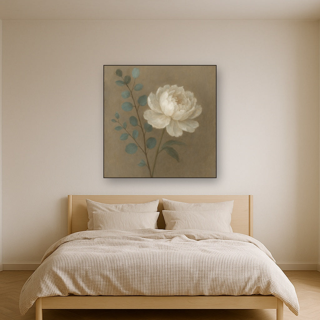 Eucalyptus & White Peony Minimalist Flora No. 13 Fine Art Oil Painting - View 3