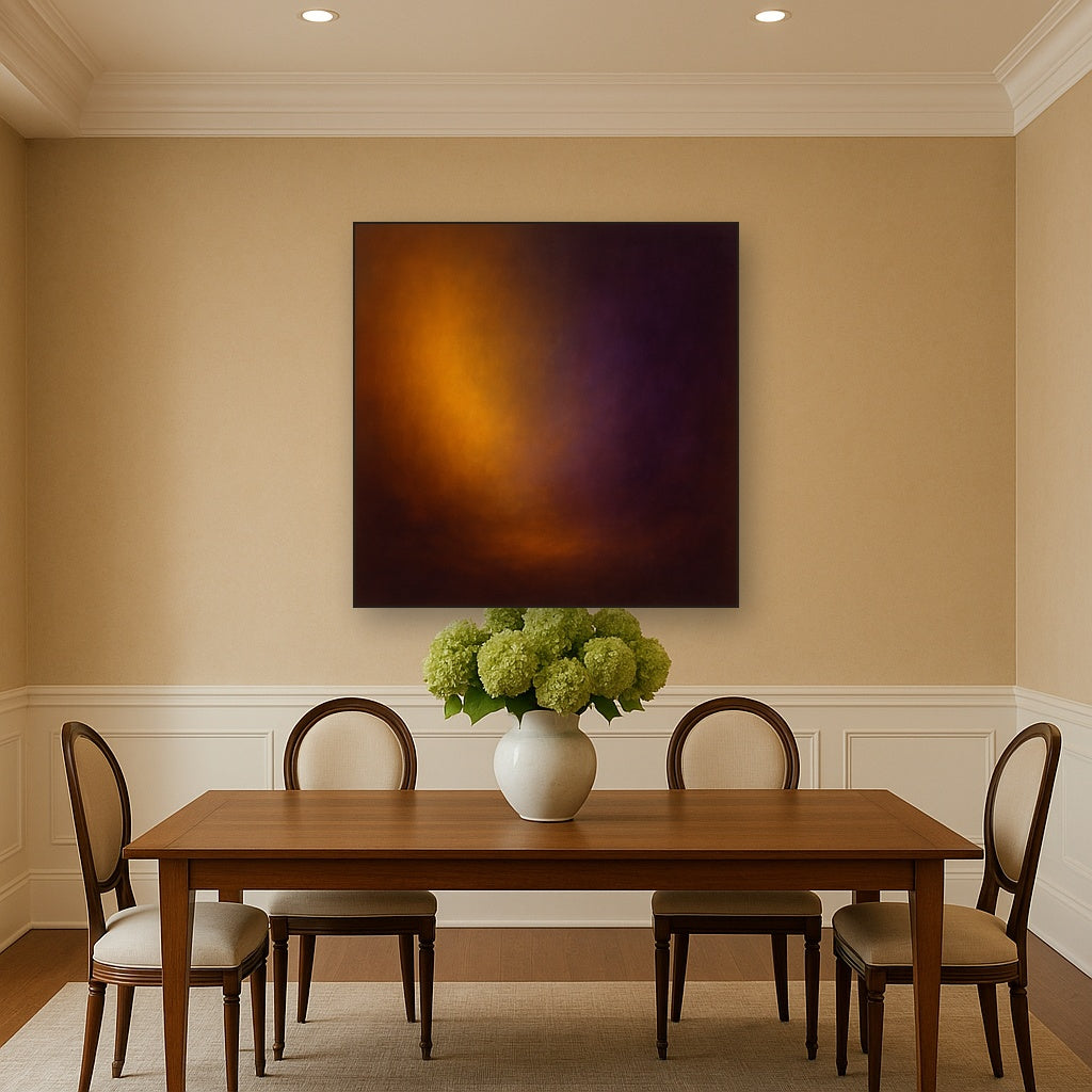 Burnt Amber & Velvet Amethyst Atmosphere No. 4 Oil Painting Staged Above Dining Room Credenza, Elegant Hand Painted Oil Art for Dining Room Walls