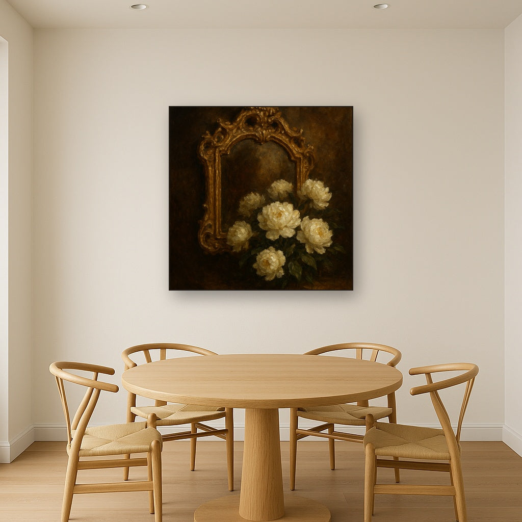 Baroque Gilded Mirror & Peonies No. 3 Oil Painting - Styled in Elegant Dining Room