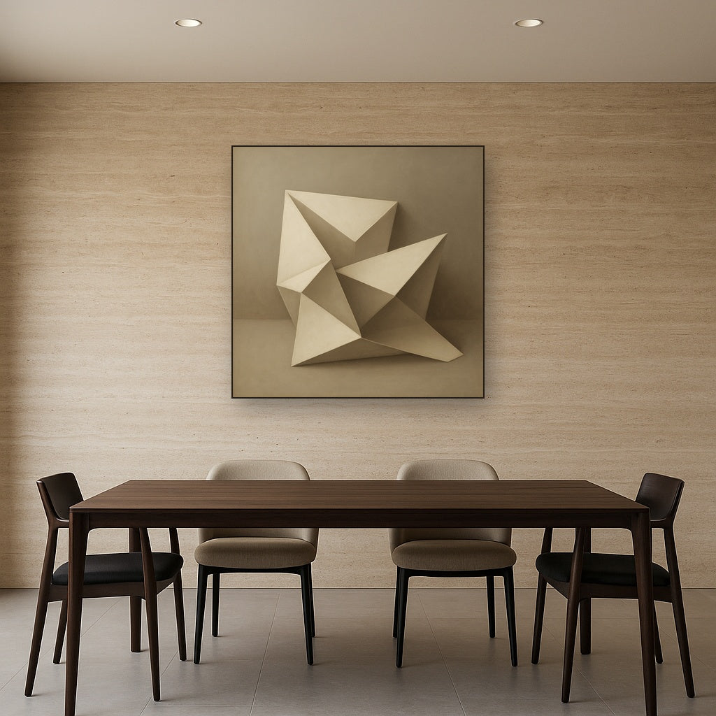 Folded Paper Geometry in Neutral Gradient Shadows No. 23 Oil Painting Staged Above Dining Room Credenza, Elegant Hand Painted Oil Art for Dining Room Walls