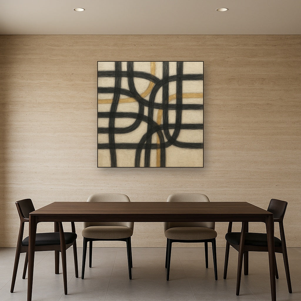 Abstract Woven Line Matrix in Charcoal & Gold Fine Art Oil Painting - View 4