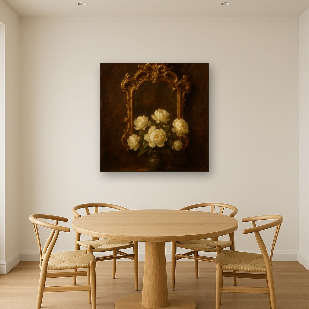 Baroque Gilded Mirror & Peonies No. 2 Oil Painting - Styled in Elegant Dining Room