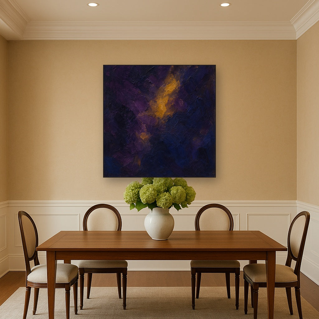 Amethyst Shadow & Celestial Gold No. 3 Oil Painting - Styled in Elegant Dining Room
