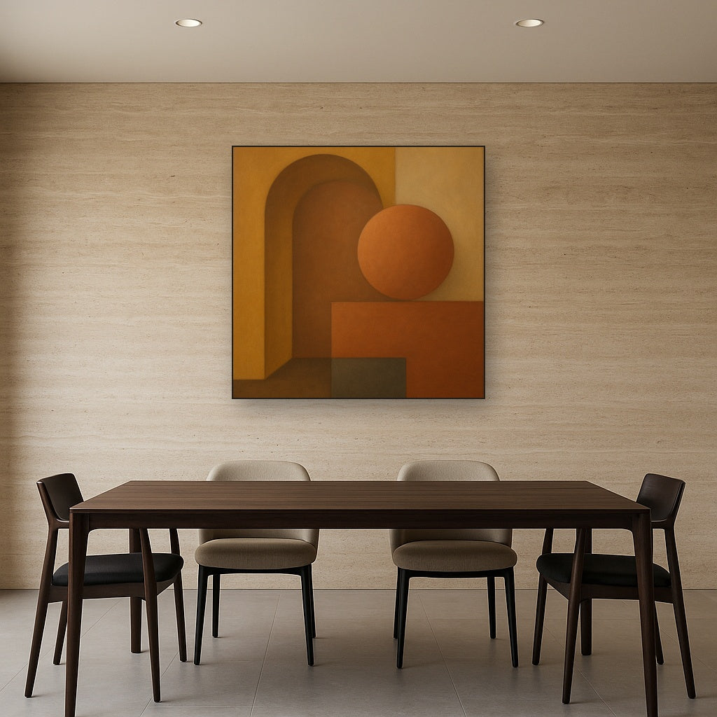 Arch & Circle Equilibrium in Warm Earth Tones No. 21 Oil Painting Staged Above Dining Room Credenza, Elegant Hand Painted Oil Art for Dining Room Walls