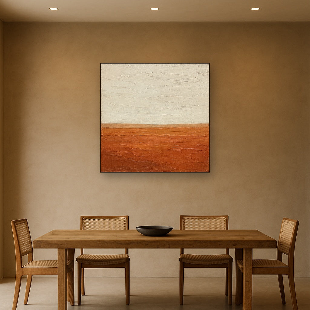 Earthen Terracotta Horizon Wabi-Sabi Oil Painting - Styled in Elegant Dining Room
