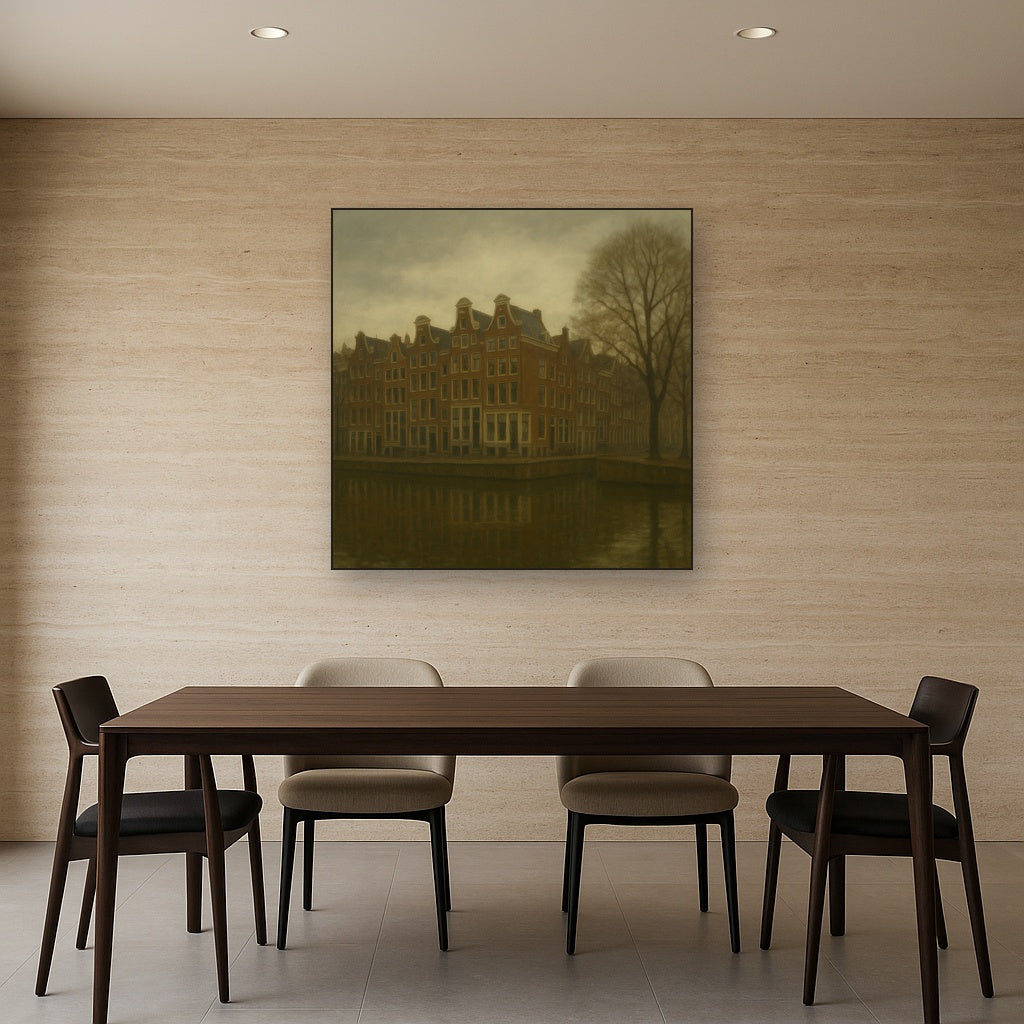 Amsterdam Canal Houses Under Overcast Sky No. 30 Oil Painting Staged Above Dining Room Credenza, Elegant Hand Painted Oil Art for Dining Room Walls