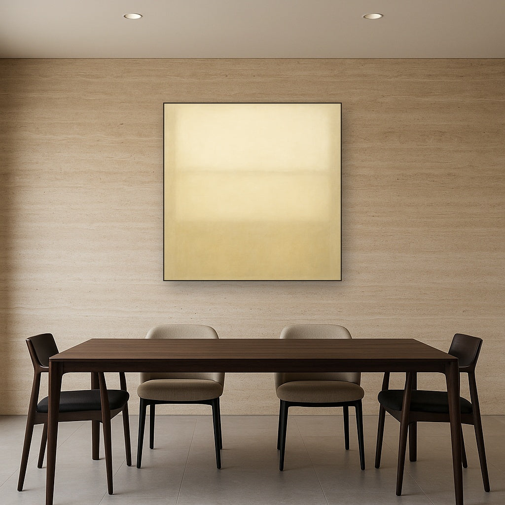 Oatmeal White & Pale Alabaster Monochrome Study No. 16 Oil Painting Staged Above Dining Room Credenza, Elegant Hand Painted Oil Art for Dining Room Walls