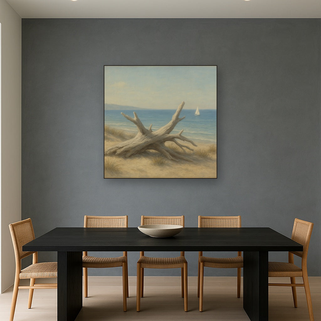 Sun-Bleached Driftwood & Distant Sailboat No. 6 Oil Painting - View 4