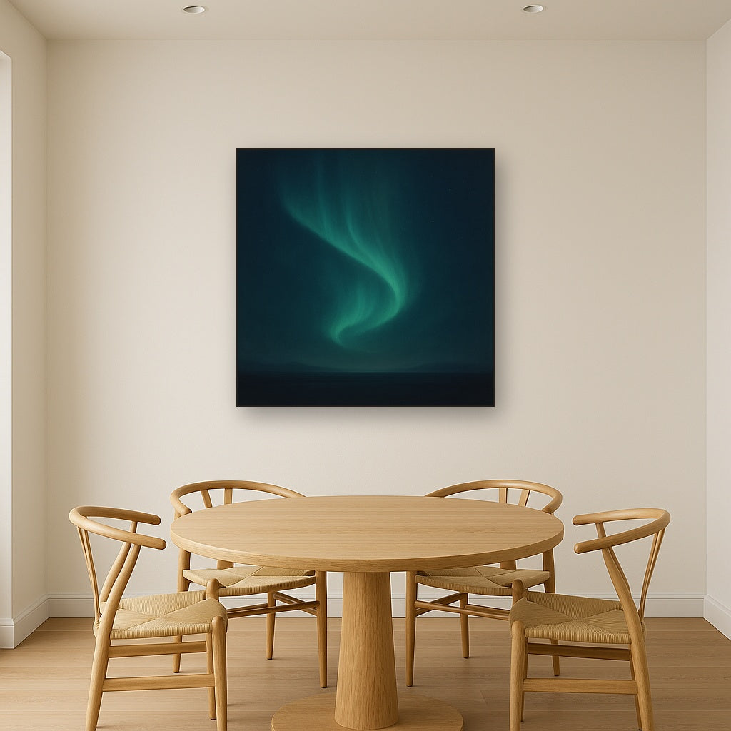 Aurora Borealis Veil in Deep Midnight Indigo No. 24 Oil Painting Staged Above Dining Room Credenza, Elegant Hand Painted Oil Art for Dining Room Walls
