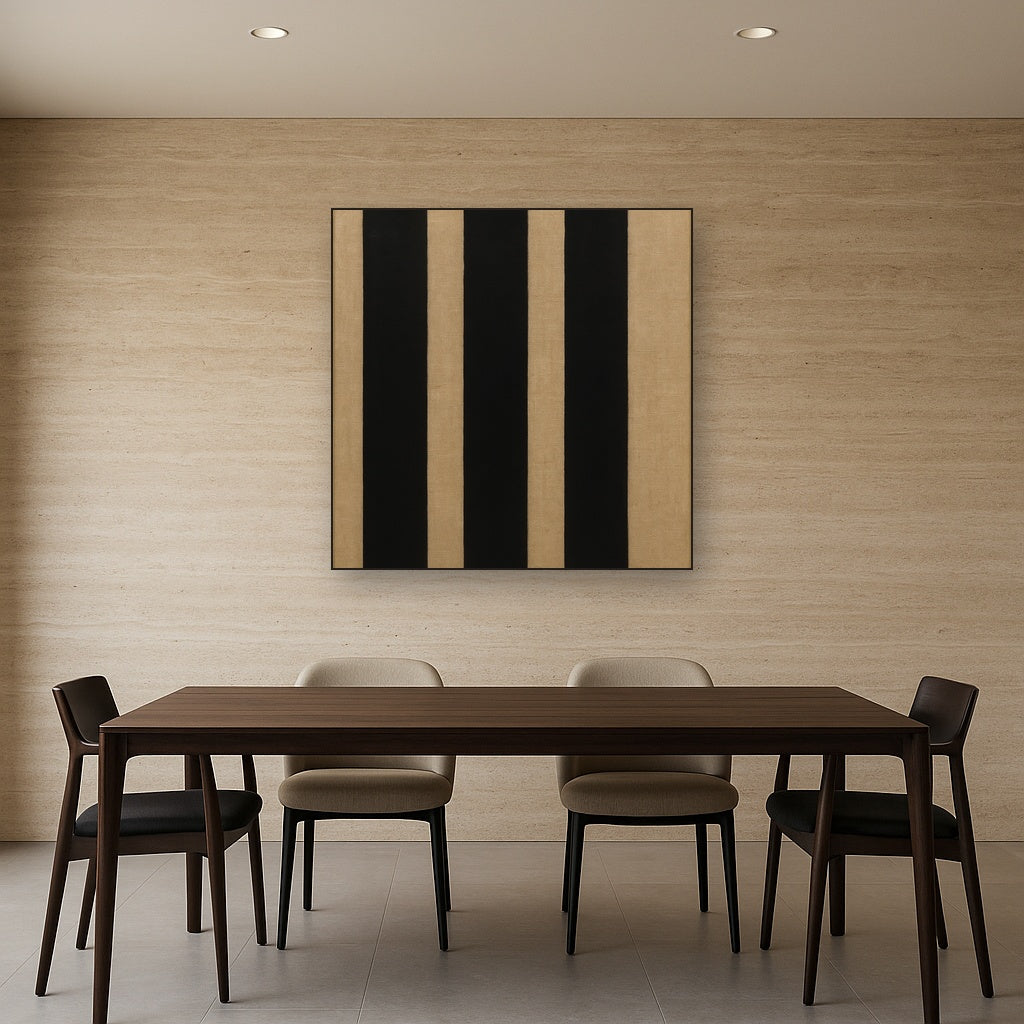 Minimalist Black Stripe & Raw Linen Rhythm No. 4 Fine Art Oil Painting - View 4