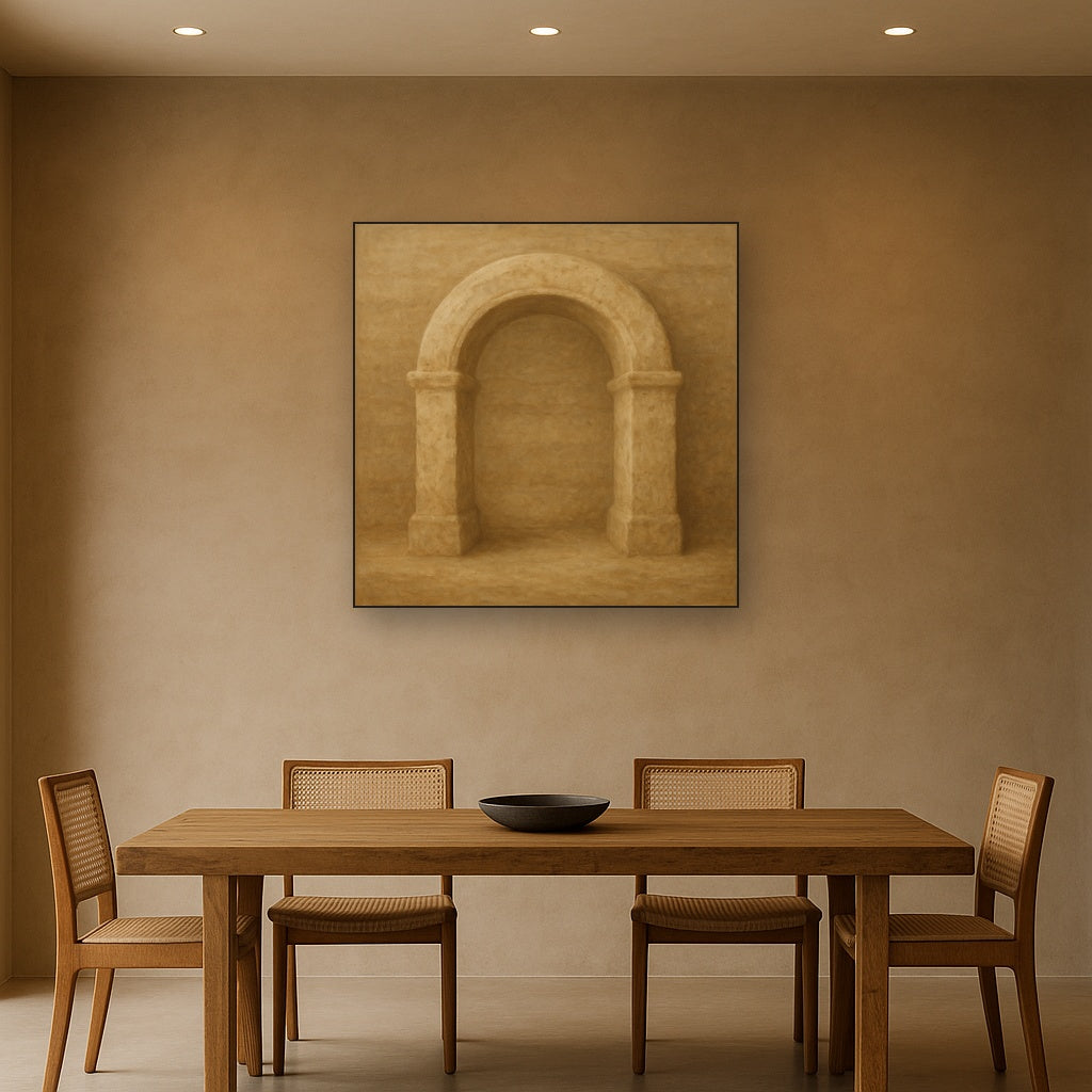 Travertine Stone Arch & Earth Tones No. 27 Oil Painting Staged Above Dining Room Credenza, Elegant Hand Painted Oil Art for Dining Room Walls