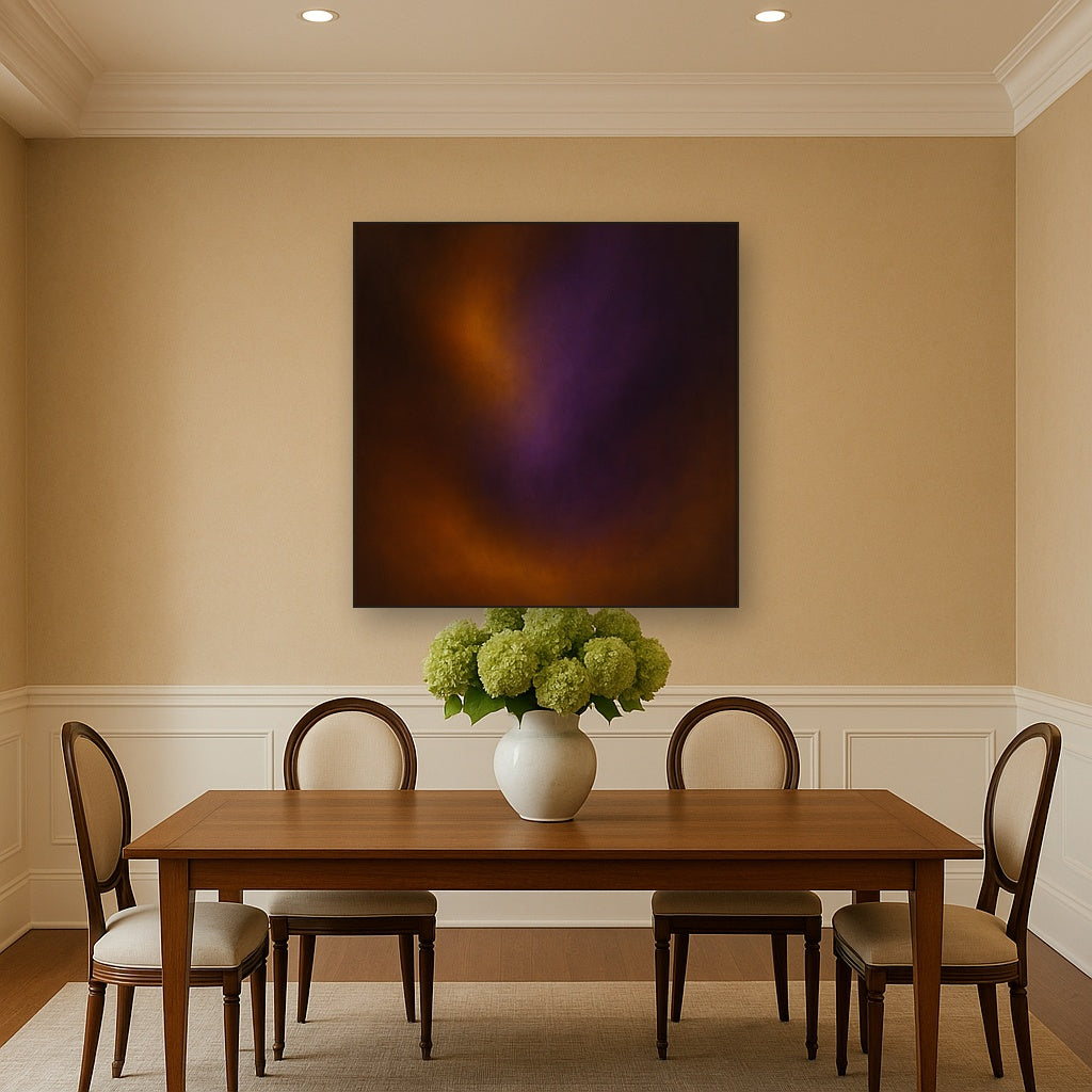 Burnt Amber & Velvet Amethyst Atmosphere No. 8 Oil Painting Staged Above Dining Room Credenza, Elegant Hand Painted Oil Art for Dining Room Walls