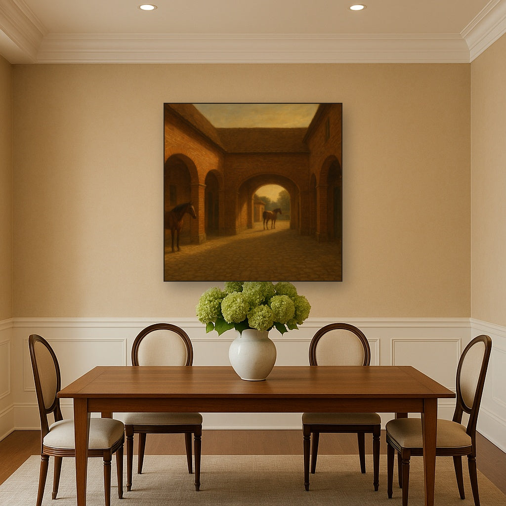 Equestrian Stable Courtyard in Late Afternoon No. 20 Oil Painting Staged Above Dining Room Credenza, Elegant Hand Painted Oil Art for Dining Room Walls