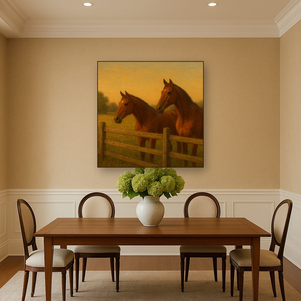 Two Horses at Rustic Post & Rail Fence No. 16 Oil Painting Staged Above Dining Room Credenza, Elegant Hand Painted Oil Art for Dining Room Walls