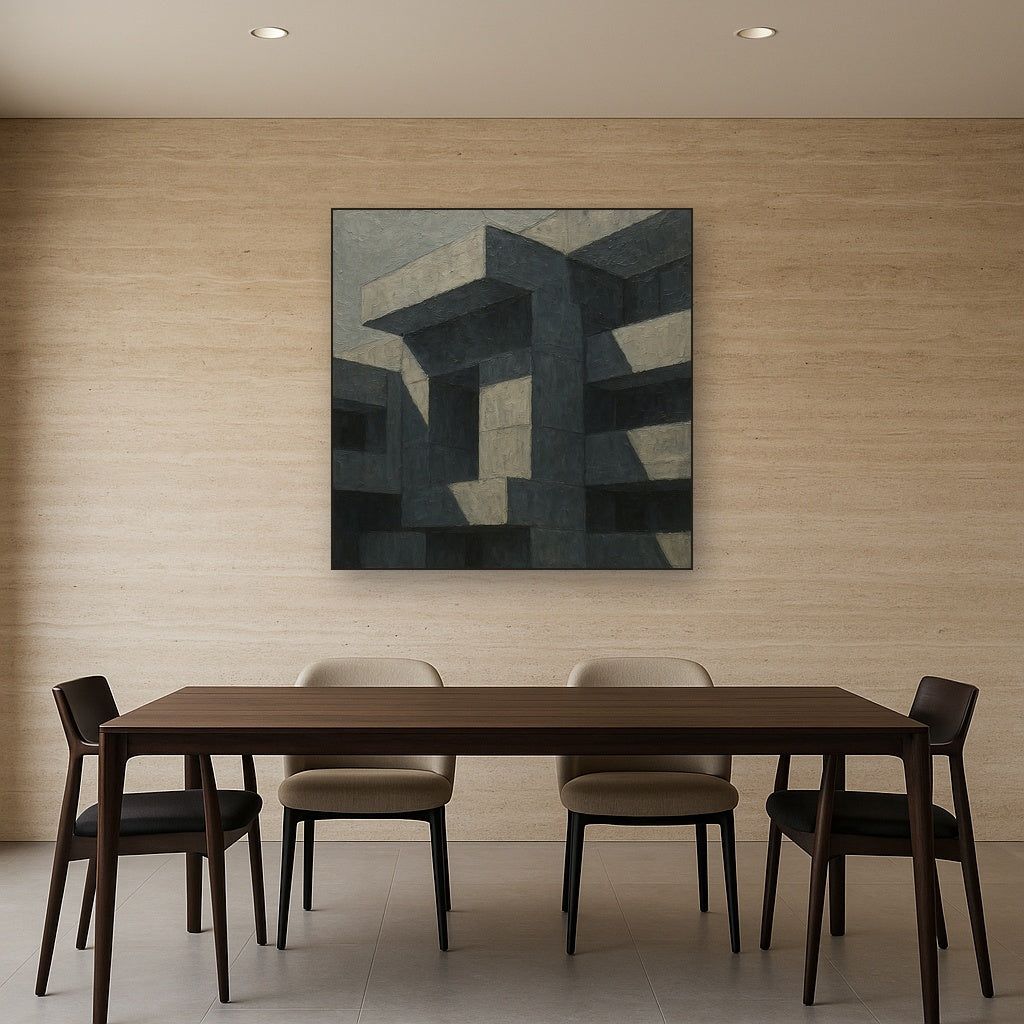 Brutalist Shadow Facade Geometric Oil Painting - View 4