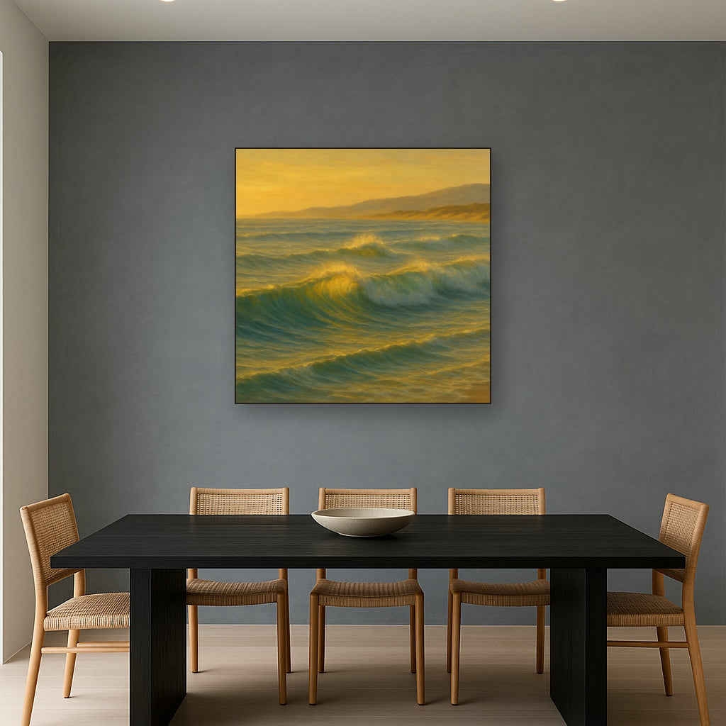 Golden Hour Sunlight on Ocean Swells No. 8 Oil Painting Staged Above Dining Room Credenza, Elegant Hand Painted Oil Art for Dining Room Walls