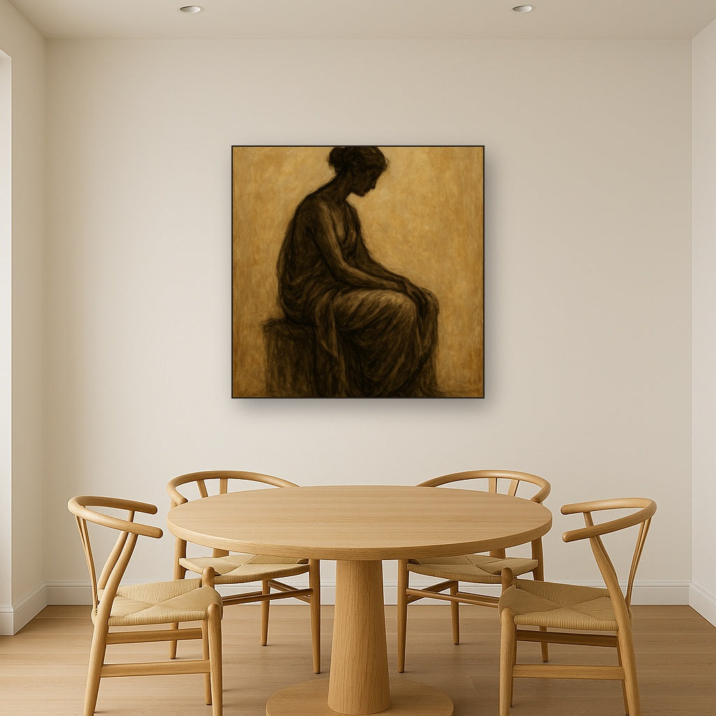 Contemplative Seated Figure Oil Painting - Styled in Elegant Dining Room
