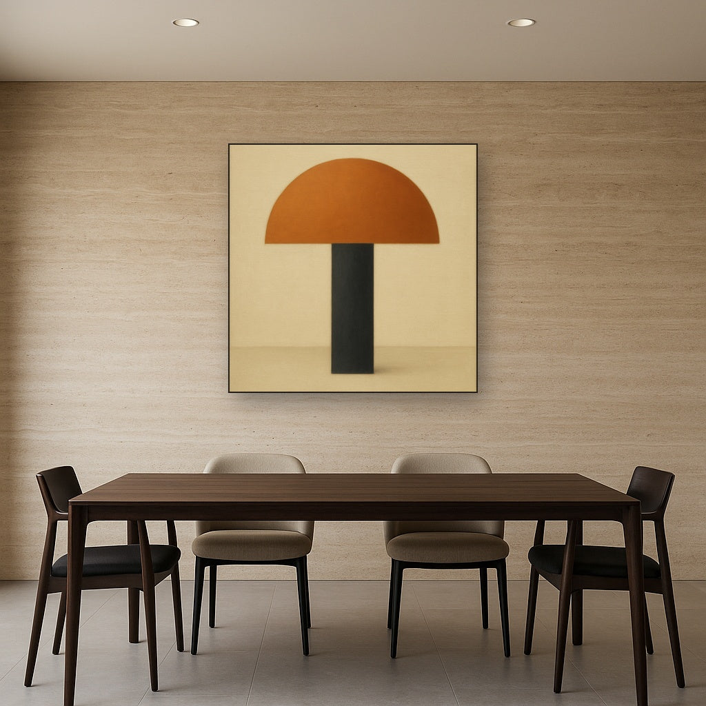 Semicircle Horizon & Minimalist Pillar No. 22 Oil Painting Staged Above Dining Room Credenza, Elegant Hand Painted Oil Art for Dining Room Walls