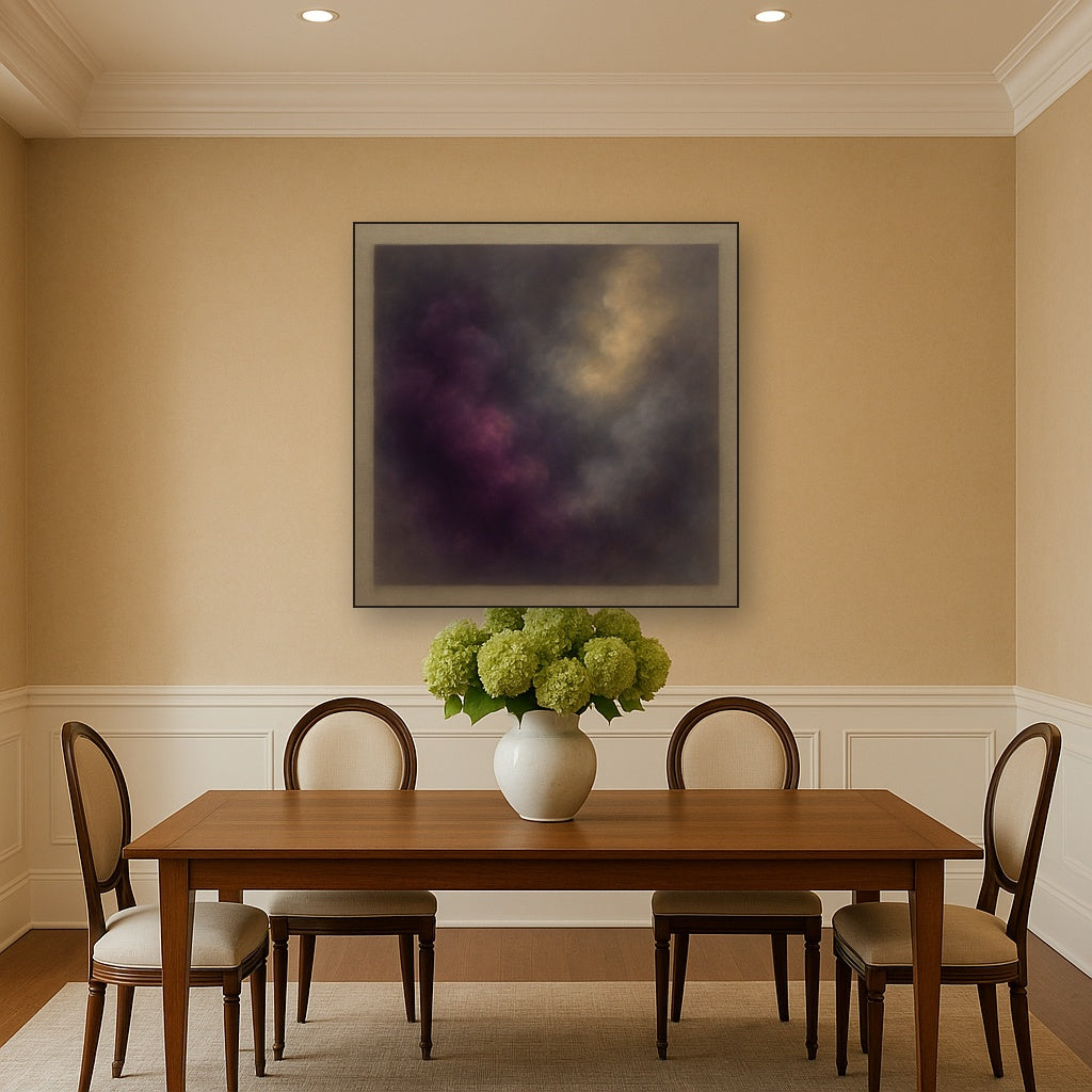 Gilded Plum & Soft Smoke Cloud Harmony No. 9 Oil Painting Staged Above Dining Room Credenza, Elegant Hand Painted Oil Art for Dining Room Walls