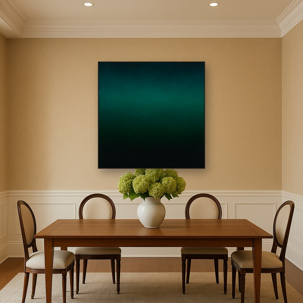 Midnight Teal & Deep Malachite Gradient No. 17 Oil Painting Staged Above Dining Room Credenza, Elegant Hand Painted Oil Art for Dining Room Walls