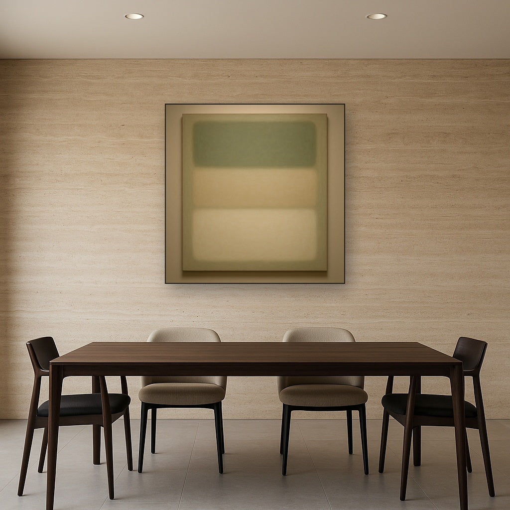 Sage Olive & Pale Sandstone Minimalist Harmony No. 7 Oil Painting Staged Above Dining Room Credenza, Elegant Hand Painted Oil Art for Dining Room Walls