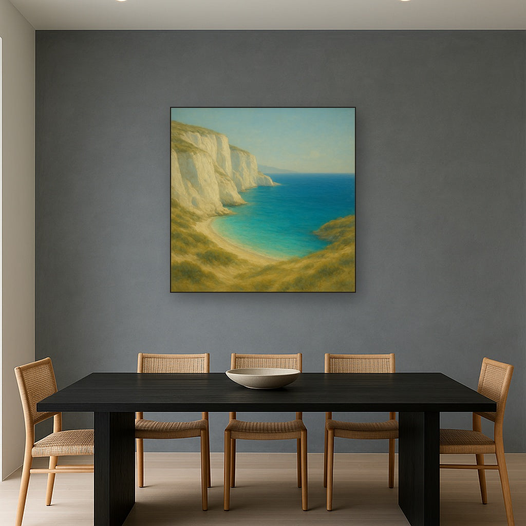 Mediterranean White Cliffs & Turquoise Cove No. 9 Oil Painting Staged Above Dining Room Credenza, Elegant Hand Painted Oil Art for Dining Room Walls