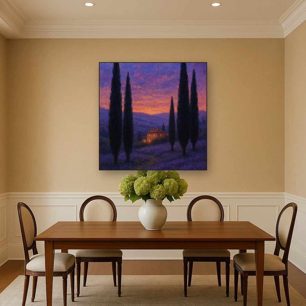 Tuscan Cypress Twilight Landscape Oil Painting - View 4