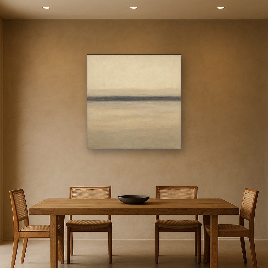 Raw Limestone Horizon & Washed Linen No. 13 Oil Painting Staged Above Dining Room Credenza, Elegant Hand Painted Oil Art for Dining Room Walls