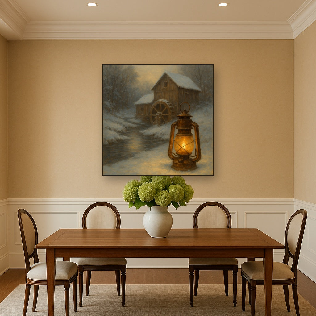 Snowy Mill Stream & Glowing Lantern No. 2 Oil Painting - View 4