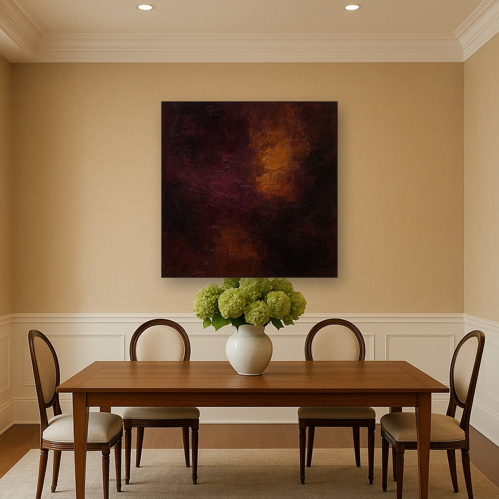 Rich Burgundy Plum & Velvet Amber No. 5 Oil Painting - Styled in Elegant Dining Room