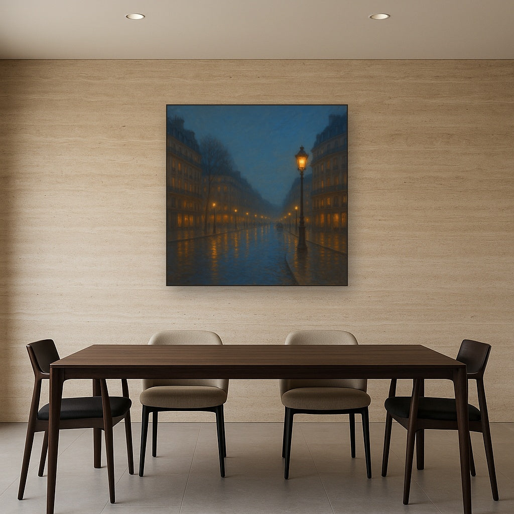 Rainy Parisian Boulevard at Twilight No. 29 Oil Painting Staged Above Dining Room Credenza, Elegant Hand Painted Oil Art for Dining Room Walls