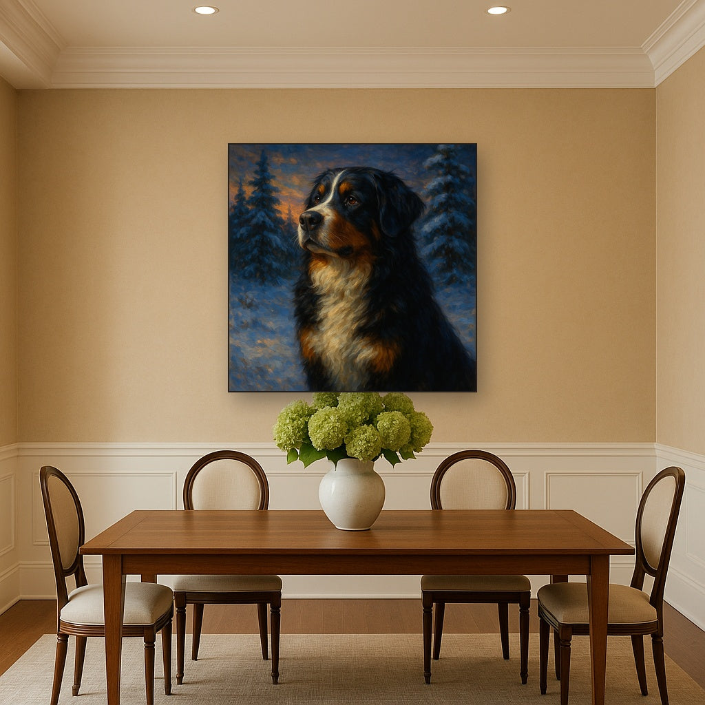 Bernese Mountain Dog in Winter Snowscape No. 4 Fine Art Oil Painting - View 4