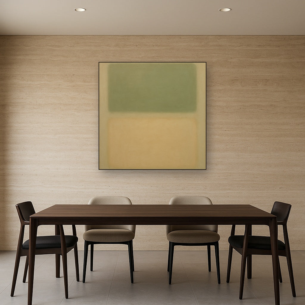 Sage Olive & Pale Sandstone Minimalist Harmony No. 15 Oil Painting Staged Above Dining Room Credenza, Elegant Hand Painted Oil Art for Dining Room Walls