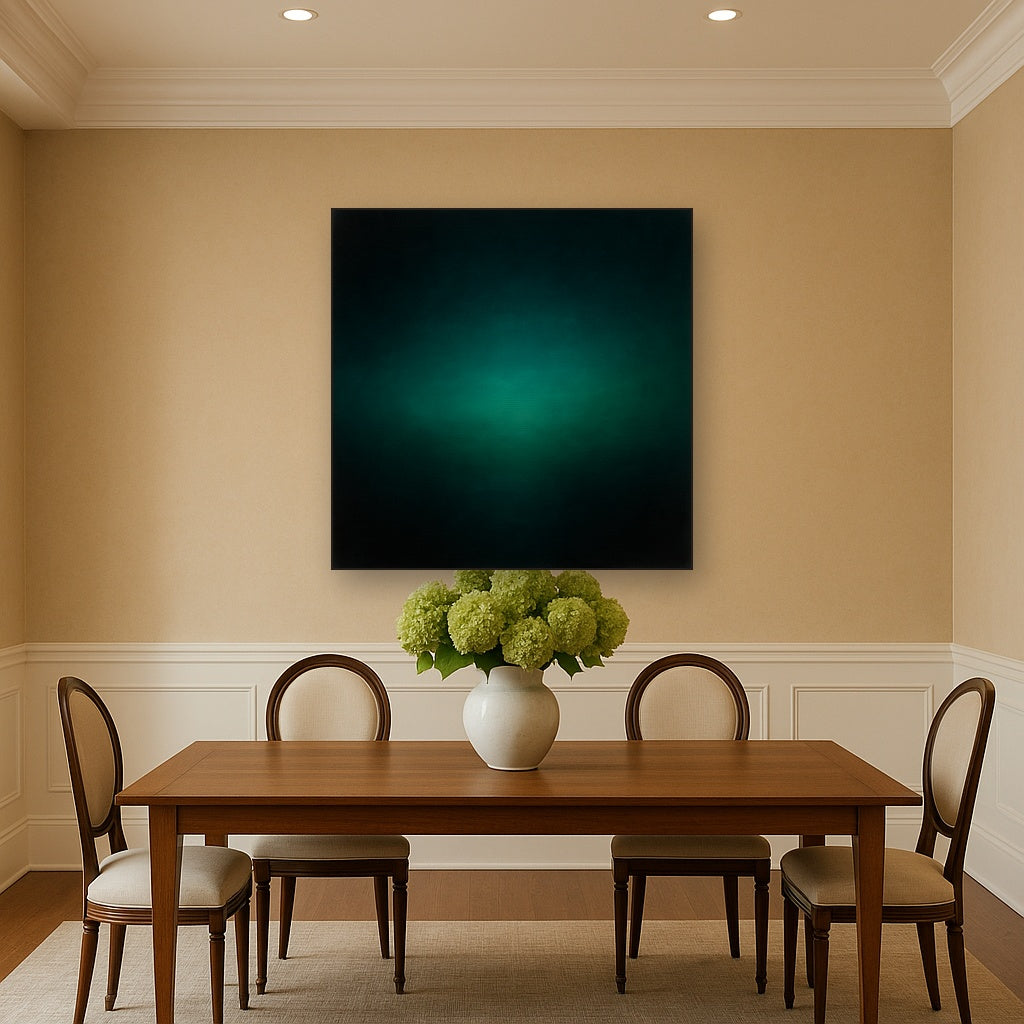 Midnight Teal & Deep Malachite Gradient No. 13 Oil Painting Staged Above Dining Room Credenza, Elegant Hand Painted Oil Art for Dining Room Walls