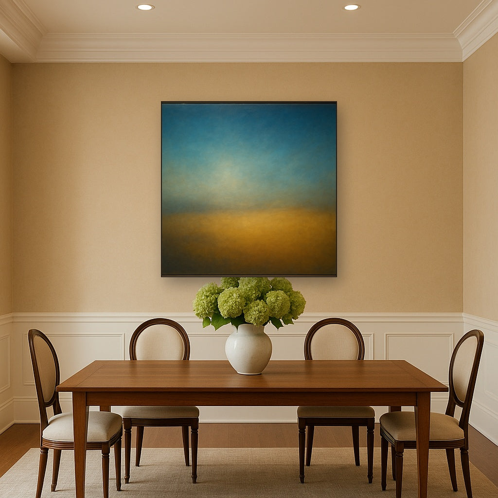 Celestial Azure & Warm Ochre Equilibrium No. 2 Oil Painting Staged Above Dining Room Credenza, Elegant Hand Painted Oil Art for Dining Room Walls