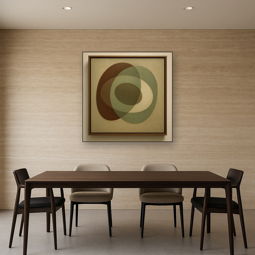 Floating Ellipse Harmony in Walnut & Pale Sage No. 2 Oil Painting Staged Above Dining Room Credenza, Elegant Hand Painted Oil Art for Dining Room Walls