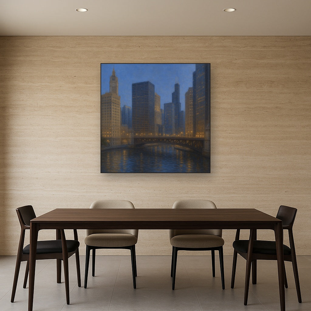 Chicago Riverfront Architecture at Blue Hour No. 21 Oil Painting - View 4
