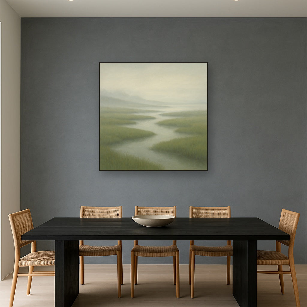 Morning Fog over Cape Cod Tidal Marsh No. 19 Oil Painting Staged Above Dining Room Credenza, Elegant Hand Painted Oil Art for Dining Room Walls