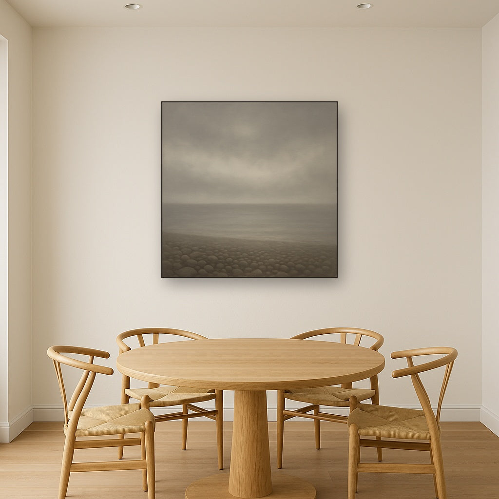 Overcast Coastal Fog & Wet Pebble Shingle No. 3 Oil Painting Staged Above Dining Room Credenza, Elegant Hand Painted Oil Art for Dining Room Walls