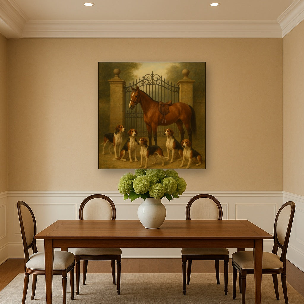 Hunting Hounds & Thoroughbred by Estate Gate No. 17 Oil Painting Staged Above Dining Room Credenza, Elegant Hand Painted Oil Art for Dining Room Walls